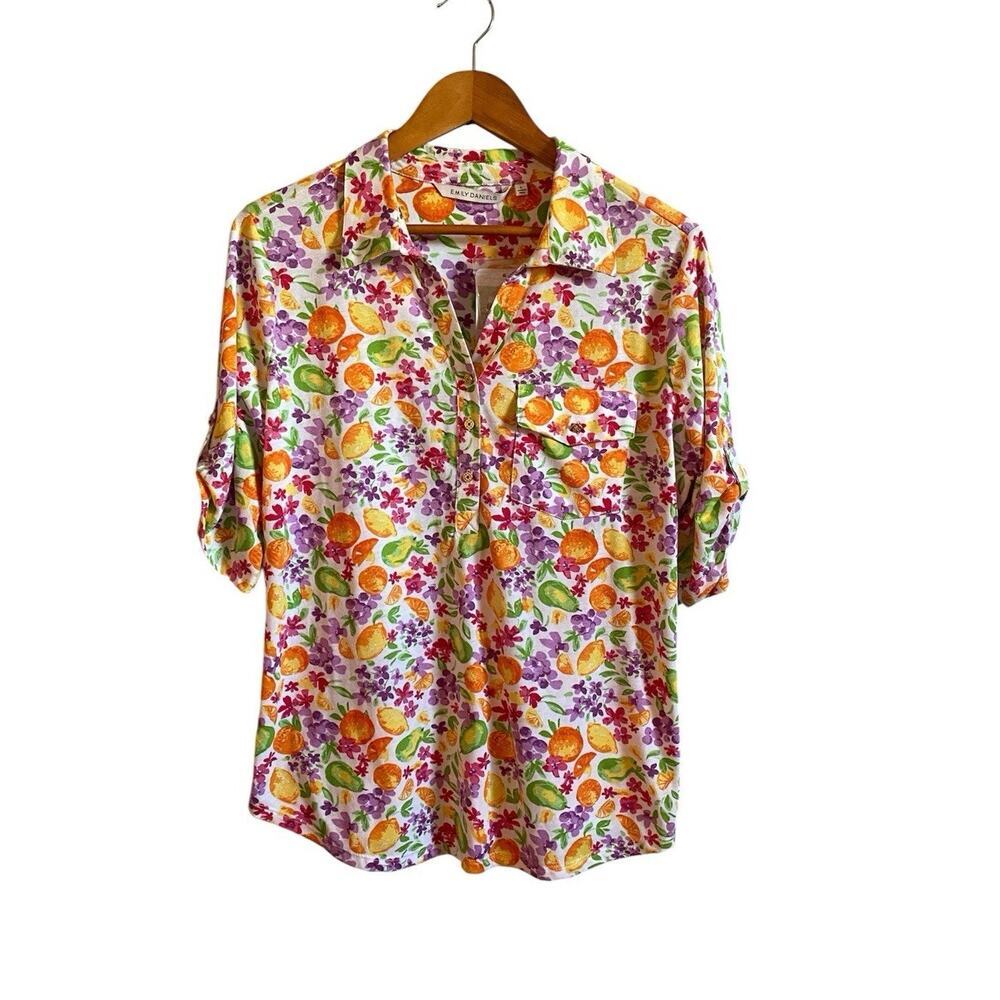 Emily Daniels 3/4 Sleeves Floral Citrus Top Large NWT Stretch Botanical Cottage